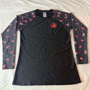 Women's Long Sleeve Black Rash Guard Size Large Stripes Watermelon Design